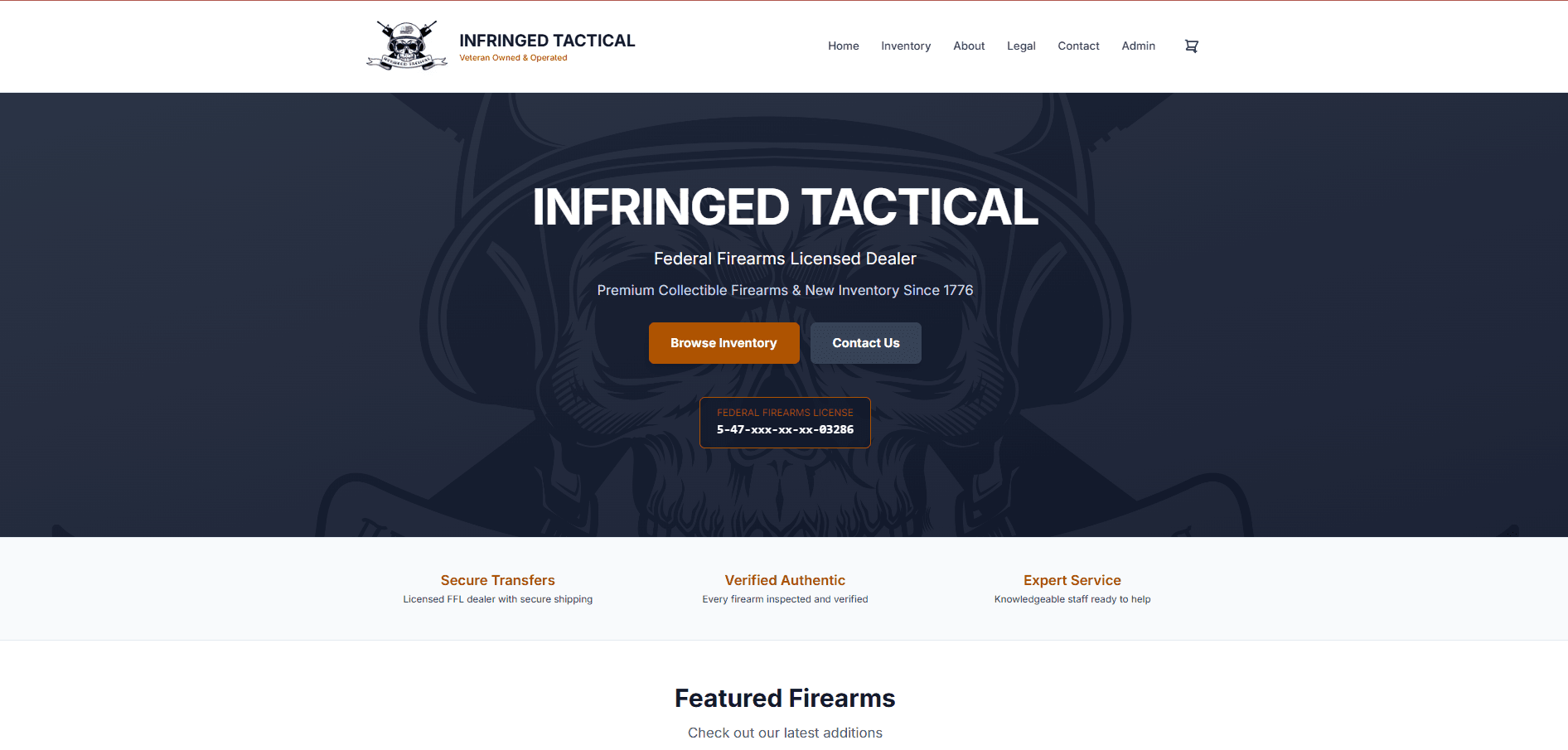 Infringed Tactical homepage - veteran-owned FFL dealer ecommerce gun store built by Firing Pin Creative.